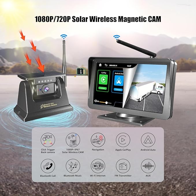 Wireless Solar Bluetooth Back up Rear View Camera for Truck,7" Apple Carplay Android Auto Touch Screen Monitor,Solar Magnetic Reverse Camera for Truck RV Cargo Trailer Camper Pickup