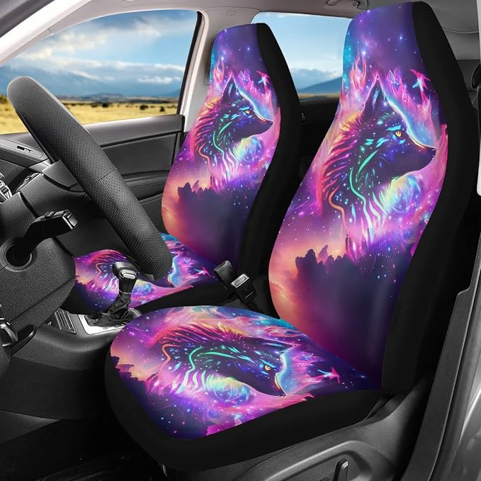 Howilath Galaxy Psychedelic Wolf Print Car Front Seat Cover Accessories 10pcs Center Console Cover and Flower Steering Wheel Covers for Women Men
