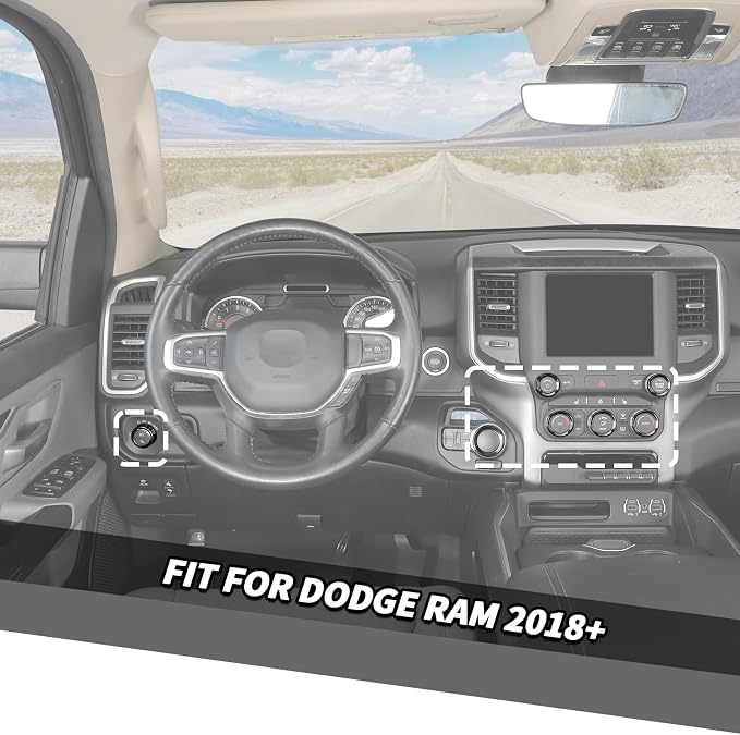 Jimen for Ram Center Console Knob Covers, 7PCS AC Air Conditioner Audio Volume Button & Headlight Switch & 4WD Shifter Knob Ring Trim Fit for Dodge Ram 2018-2025 (Black)