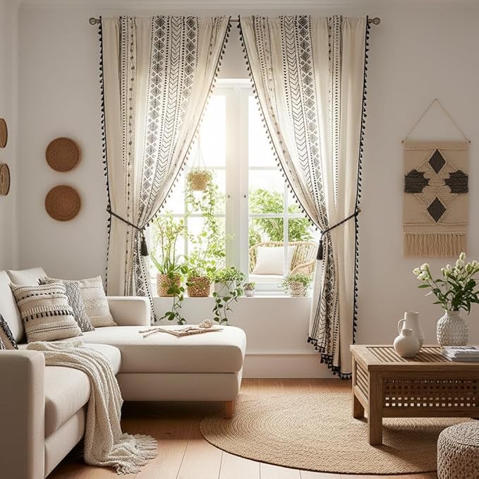 ColorBird Boho Curtains 84 Inches Length Modern Farmhouse Decor Black and White Striped Geometric Aztec Western Window Treatment Cream Curtain & Drapes 2 Panels for Living Bedroom Dining Room