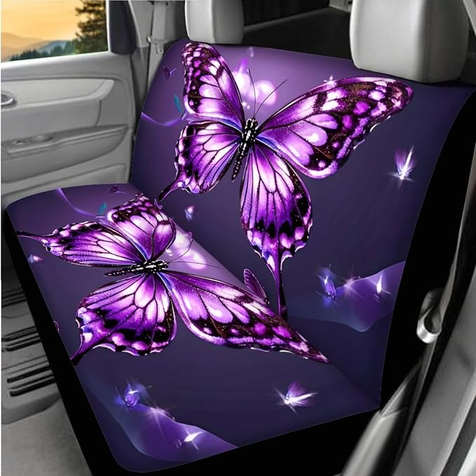 BIGCARJOB Purple Butterfly Car Seat Cover Full Set 15 Pieces Butterfly Print Car Interior Accessories Set with Universal Steering Wheel Cover Car Trash Can Hanging Seat Headrest Covers for Womens