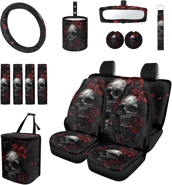 15 Pcs Red Rose Skull Car Seat Covers Full Set for Women Goth Car Accessories Interior Car Steering Wheel Cover Seatbelt Covers Trash Bin Rear View Mirror Cover Cup Holders Keychain