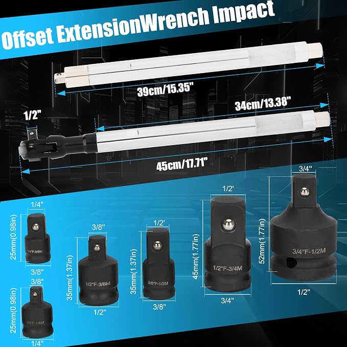 Offset Extension Wrench, 1/2'' Electric Offset Extension for Tight Spaces - 3 in 1 Manual/Electric/Pneumatic Wrench that Can Be Switched, Suitable for Use in Any Narrow Spaces