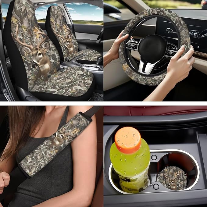 Bulopur Elk Hunting Camo Automotive Seat Covers Set with Matching Steering Wheel Cover Breathable Center Console Cushion Pad Non-Slip Seat Headrest Cover 14 Pack Auto Interior Accessories