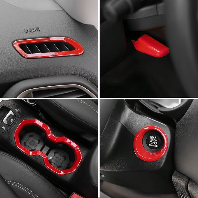 CheroCar 31 PCS Full Set Interior Decoration Trim Kit Steering Button Cover Door Handle Cover Air Outlet Cover Cup Holder Gear Cover Trim Door Speaker Cover for Jeep Renegade 2016-2018,Red