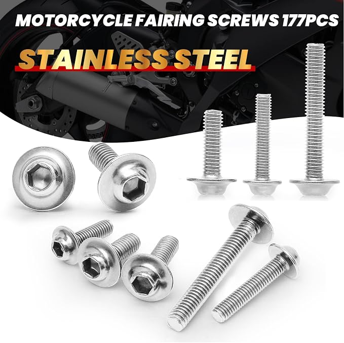 177Pcs Motorcycle Fairing Bolt Kit Silver, M5 M6 Stainless Steel Windscreen Screws Fastener Clips Universal Fit for Honda Kawasaki Suzuki Yamaha BMW Ducati GSXR Sportbike Motorcycle