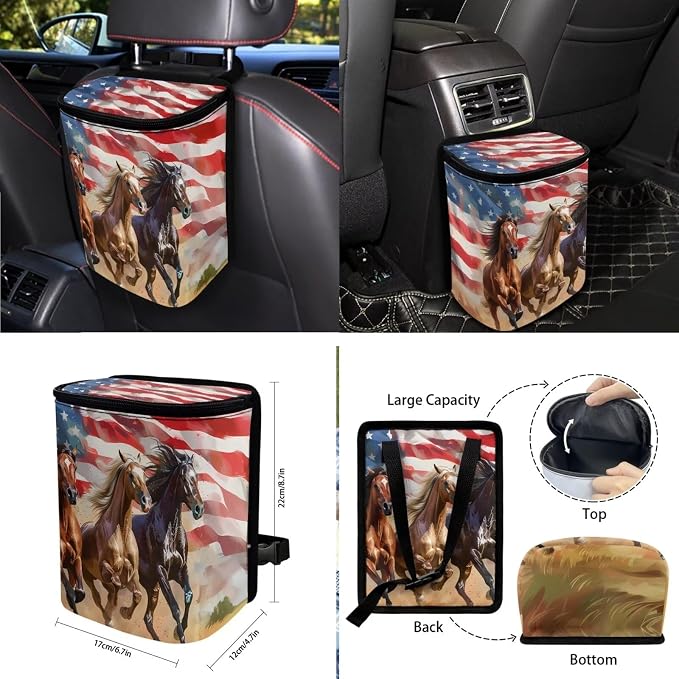 Horses American Flag Print Car Accessories Pack of 10, Front and Rear Seat Covers Car Trash Bin Steering Wheel Cover Cup Holders Keychain Air Vent Storage Bag Car Interior Decor Fit Most Cars