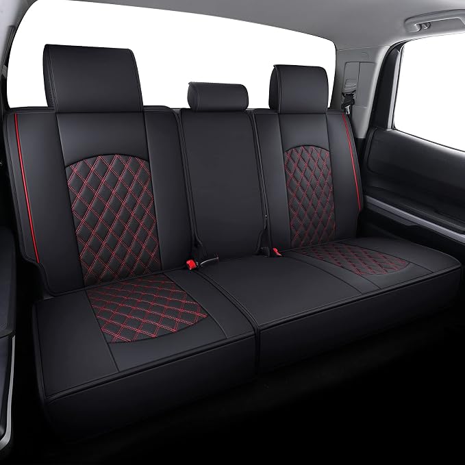 YIERTAI Back Seat Covers for 2008-2022 2023 2024 2025 2026 Tundra Crewmax Crew Double Cab SR5 SR Platinum TRD PRO Waterproof Leather Compatible with Split Bench 40/60(1 Rear Seat Cover/Black-Red)