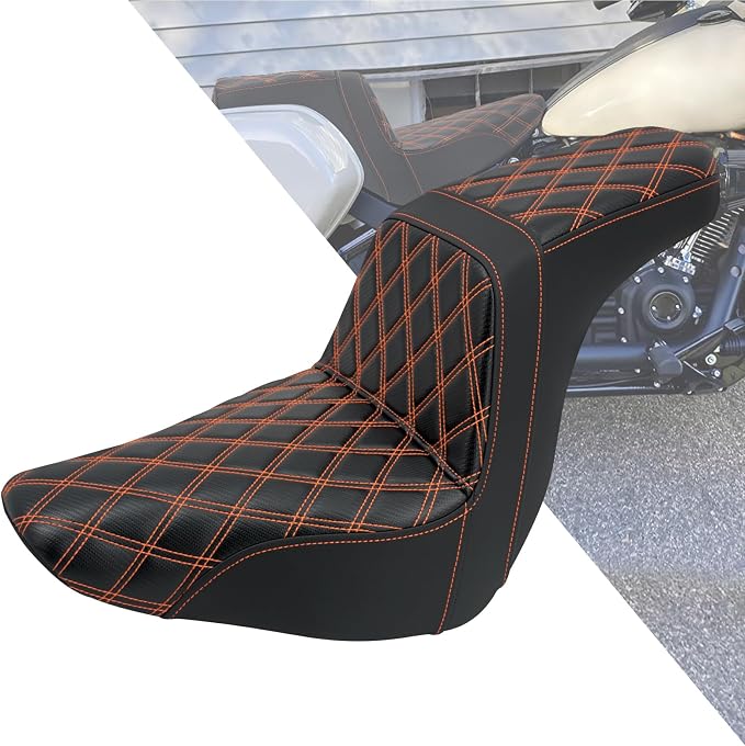Motorcycle 2-Up Seat Driver Passenger One-Piece Seat Fit For Harley Low Rider Low Rider S ST FXLR FXLRST 2018-up (Orange Stitching)