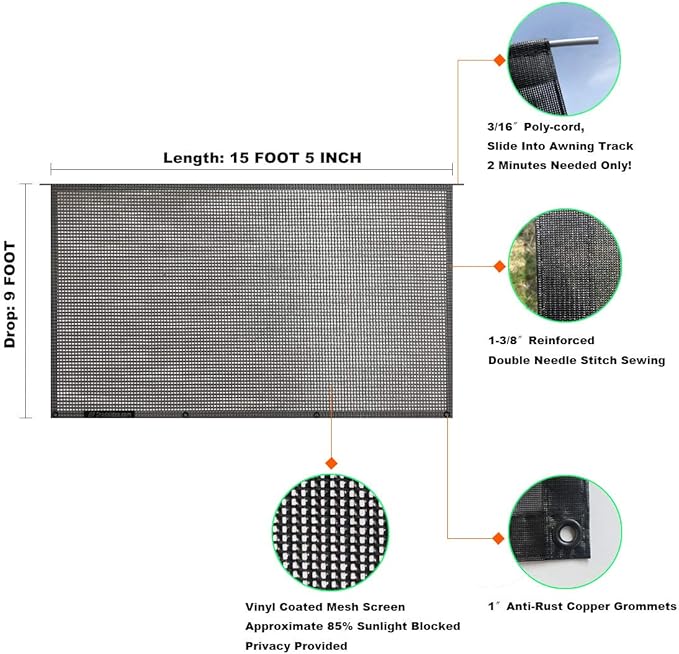 Shadeidea RV Awning Sun Shade Screen - 9' X 15' 5'' (Fit for 16' Awning)- Black Mesh Sunshade Motorhome Camping Trailer Awning Screenshade UV Sunblocker Canopy Sunscreen - 3 Year Warranty