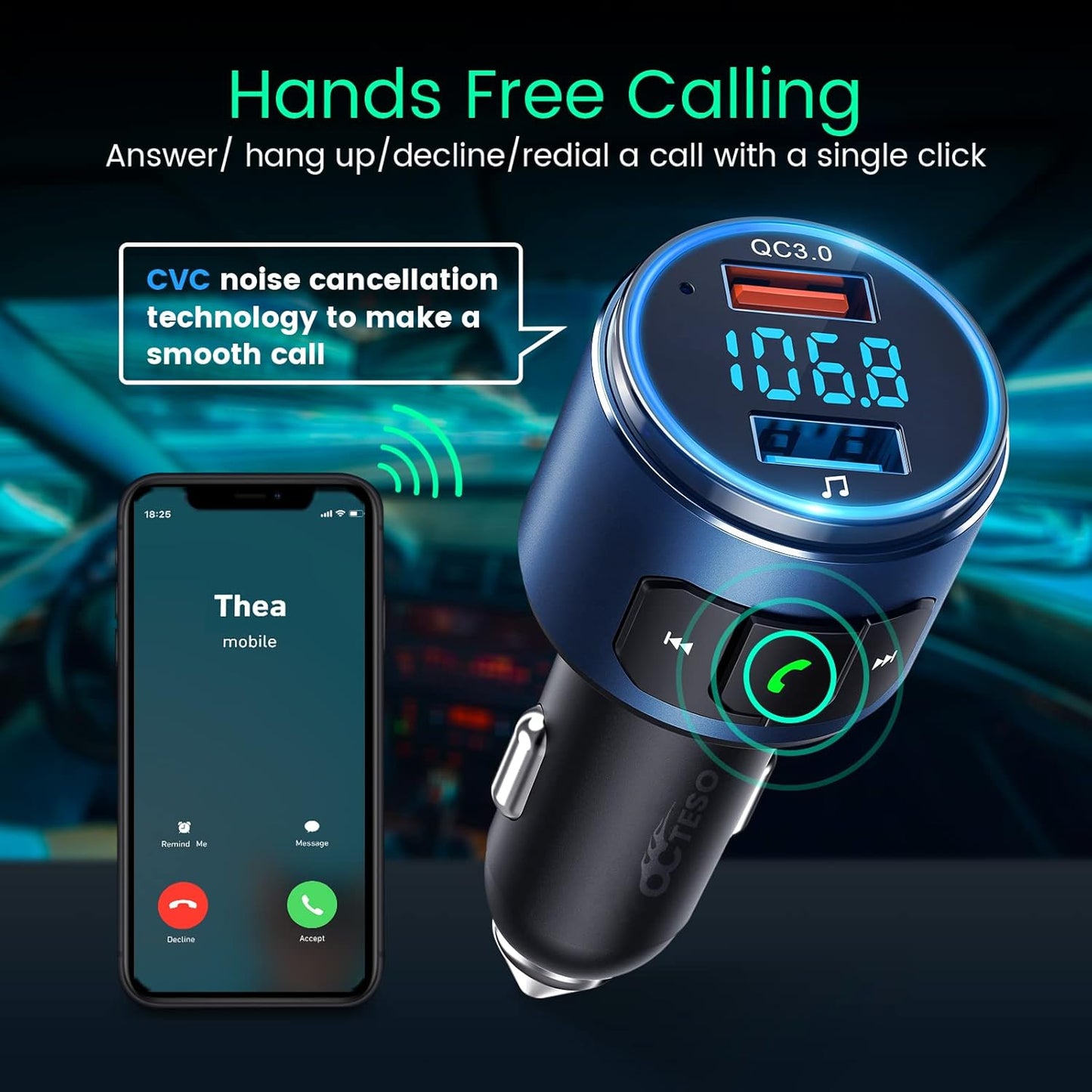 Upgraded FM Bluetooth Transmitter Car, QC3.0 Quick Charging & LED Backlit Bluetooth Car Adapter/FM Transmitter/Hi-Fi Music Player with Noise Cancelling Calls, Siri Google Assistant