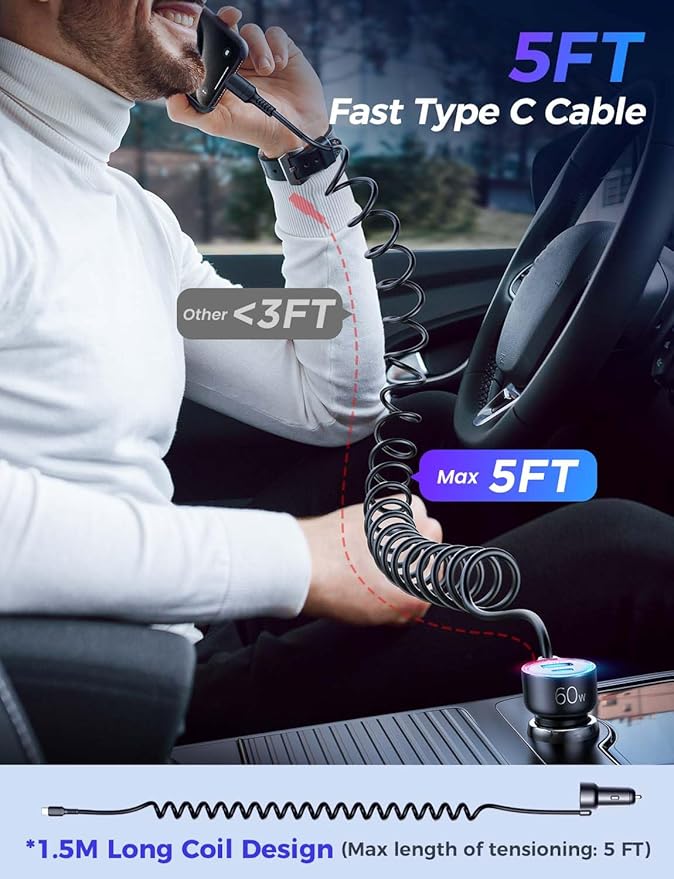 USB C 60W Super Fast Car Charger PD& QC3.0 with 5ft 30W Type C Coiled Cable, Car Phone Charger Adapter for iPhone 15 Pro Max Plus, Samsung Galaxy S23/S22/S21, Google Pixel/Moto/LG/Android, iPad Pro