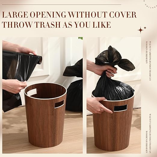 Threehoney 2 Pack 2.3 Gallons Wood Trash Can Wastebasket Natural Wood Round Wastebasket Small Trash Bin for Home, Office Under Desk, Kitchen, Bedroom, Hotel, Room (Walnut Color,Flat)