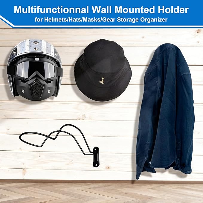 Helmet Wall Mount Display 4-Pack, Multifunctionnal Wall Mounted Helmet Holder Rack for Motorcycle, Hockey, Equestrian, Baseball, Football Helmets Storage, Black