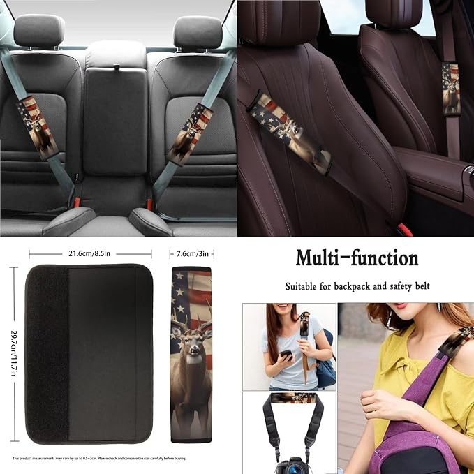 Xoenoiee Deer and American Flag Pattern 11 Pieces Car Seat Covers Interior Accessories Set Universal Fit with Steering Wheel Cover, Seat Belt Pads, Keychain, Cup Coasters