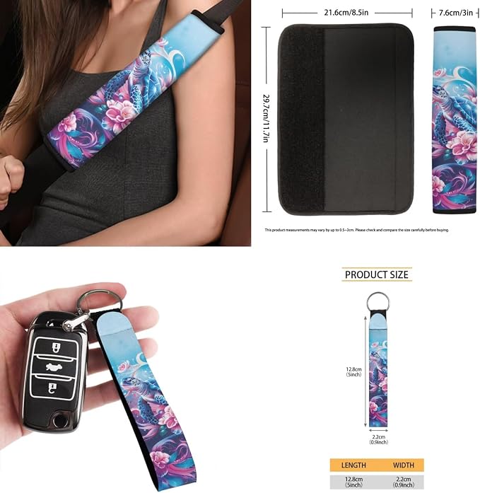 Floral Turtle 15Pcs Car Seat Cover Full Set Car Steering Wheel Cover Seat Belt Cover Trash Bin Front Rear View Mirror Car Cup Holder Keychain