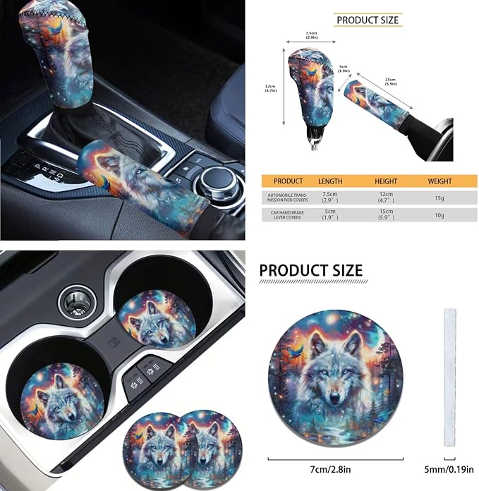 AFPANQZ Wolf Starry Sky Car Seat Covers Full Set 11 Pcs Front and Rear Bench Cushion with Steering Wheel Cover Seatbelt Pads Neoprene Handbrake and Gear Shift Knob Cover Decor Car Coasters