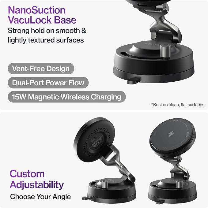Statik HyperMount Pro Phone Mount, Magnetic Phone Holder, 15W Wireless Charging, MagSafe Car Mount, Works on Smooth & Lightly Textured Surfaces, iPhone and Android Compatible, Charging Cable Included