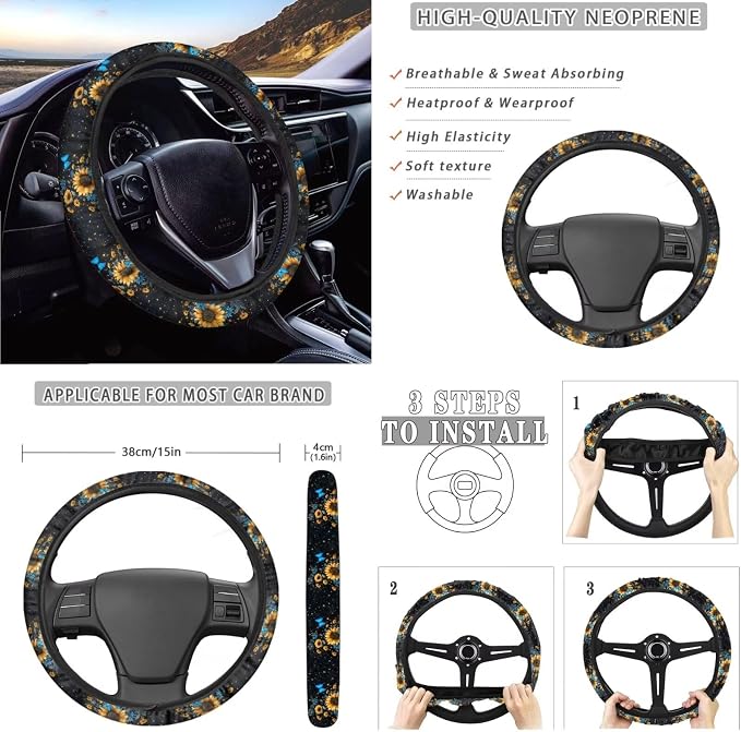 Sunflower Butterfly Pattern 10 Pieces Car Accessories, Auto Seat Covers Full Set Steering Wheel Cover Cup Holders Car Garbage Can Air Vent Storage Bag Keychains Universal Fit for Most Cars