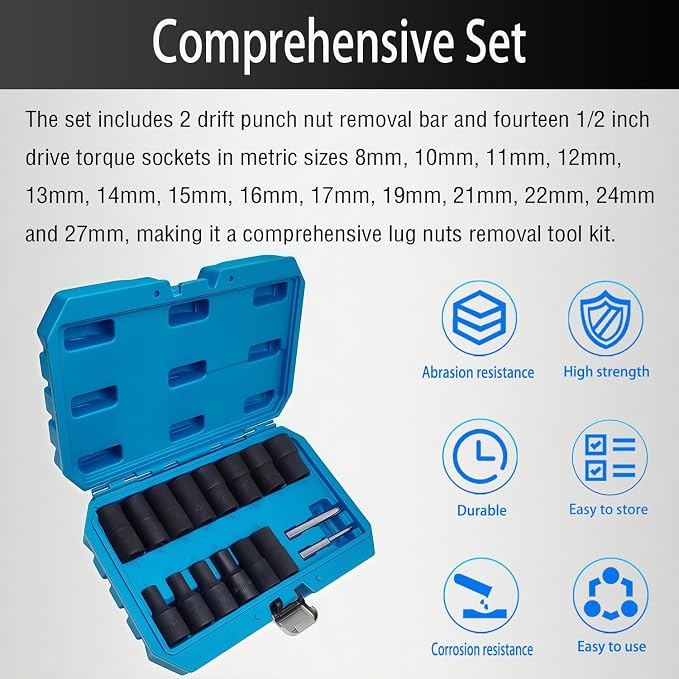 16PCS Twist Lug Nut Socket Set - 1/2 inch Drive Damaged Nut Lock Remover Extractor - Rusted & Strip & Stripped & Stuck Locking Nut Removal Tool Kit with 8-27mm Sockets & Center Punch Bar