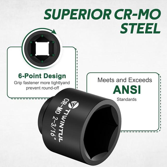 2-3/16'' Impact Socket 1" Drive, Deep 6 Point Large Impact Socket, CR-MO Weighted Big Socket, Heavy Duty 1 Inch Socket for Semi Truck, Hydraulic Cylinder, Oil Rig & Rail Equipment