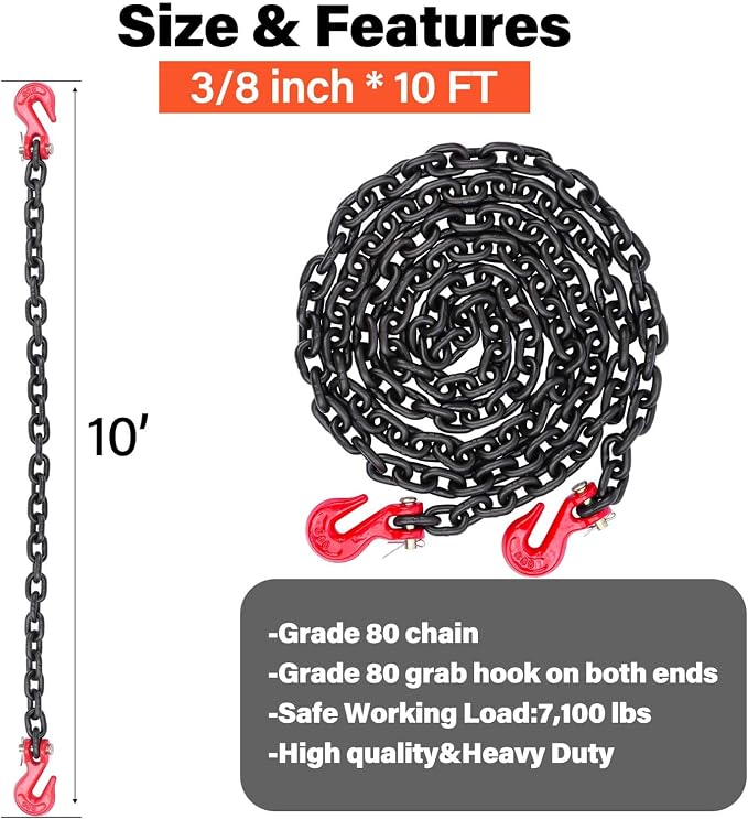 3/8" G80(4-Pack Chain Hooks+10 Ft Binder Chain)
