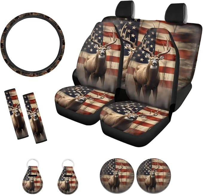 Xoenoiee Deer and American Flag Pattern 11 Pieces Car Seat Covers Interior Accessories Set Universal Fit with Steering Wheel Cover, Seat Belt Pads, Keychain, Cup Coasters
