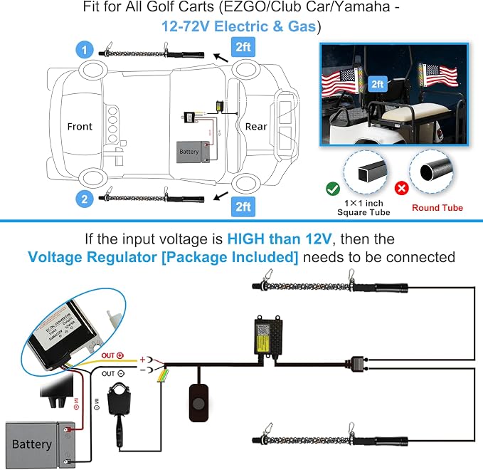 2 Pack 2FT Golf Cart Flag Pole Whip Lights, Only Fit 1.0" Square Rail, LED Light Bluetooth App & Remote Control, Lighted with Turn Reverse Brake Signal for 36V/48V/72V (Included DC Converter)