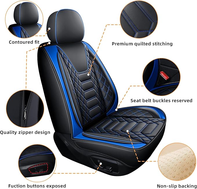 FREESOO Car Seat Covers Leather Seat Cover Full Set Automotive Seat Cover Protector Accessories Airbag Compatible Universal Fit for 5 Seats (Black Blue 8)