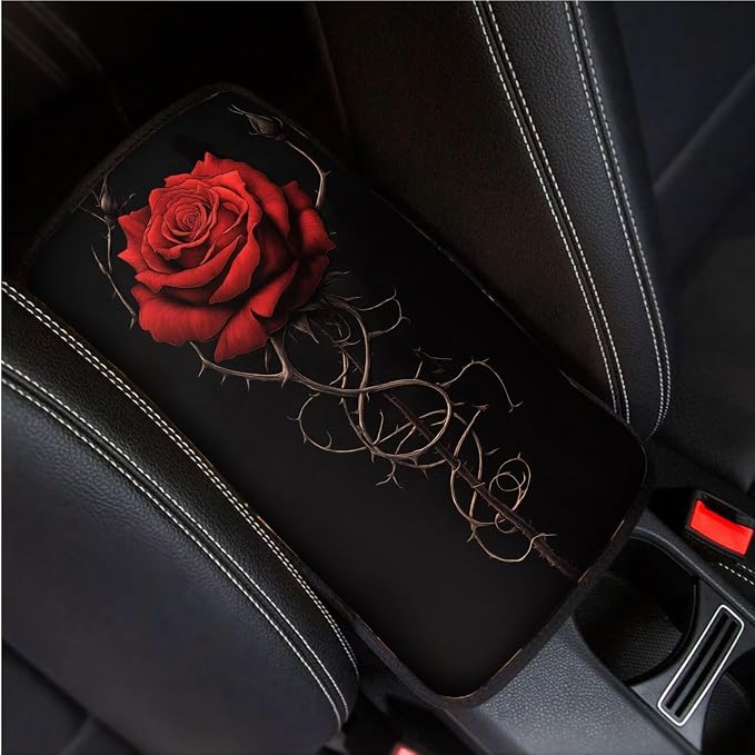 BIGCARJOB 12 Pcs Car Seat Covers Full Set for Women Interior Accessories Auto Seat Protector Set Red Rose Armrest Cushion,Seat Belt Pads,Steering Wheel Covers