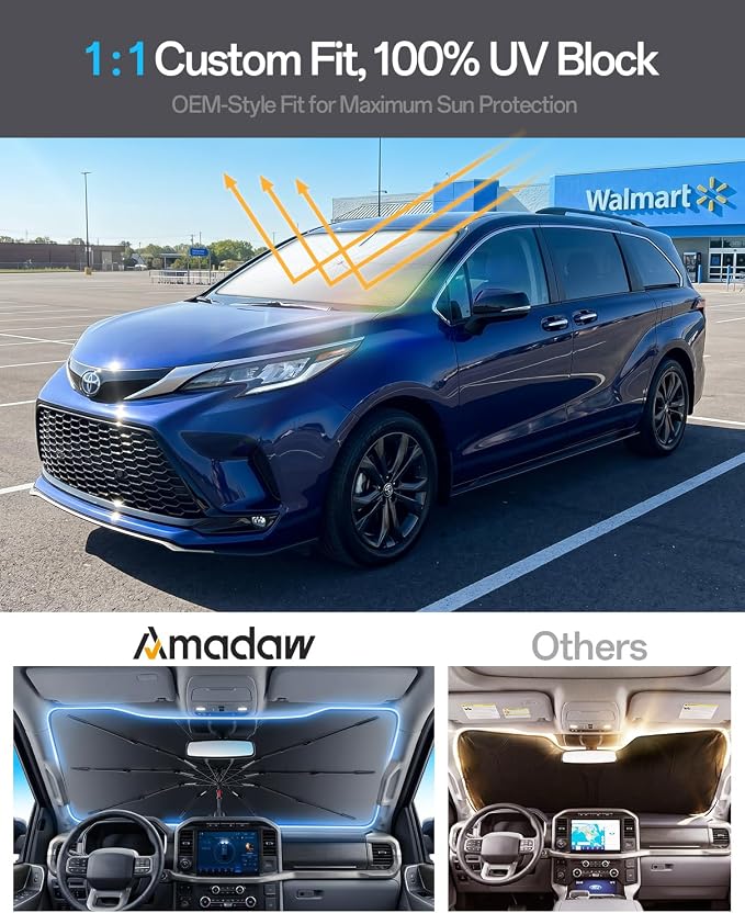 Windshield Sun Shade for Toyota Sienna 2000–2026, Foldable Umbrella Sunshade with 100% UV Block, Multi-Layer Heat Insulation, Reinforced 10-Rib Frame, Keeps Car Cooler, Summer Car Accessory