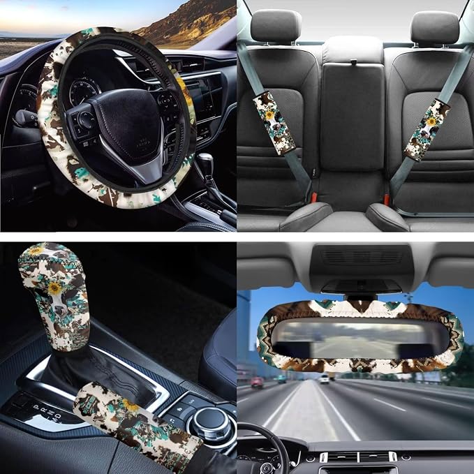 Cow Car Seat Covers Sets14pcs,Sunflower Western Cow Auto Seat Protector Pad+Seatbelt+Steering Wheel Cover+Car Coasters+ Interior Mirror Accessory+Cowhide Keychain for Women Men