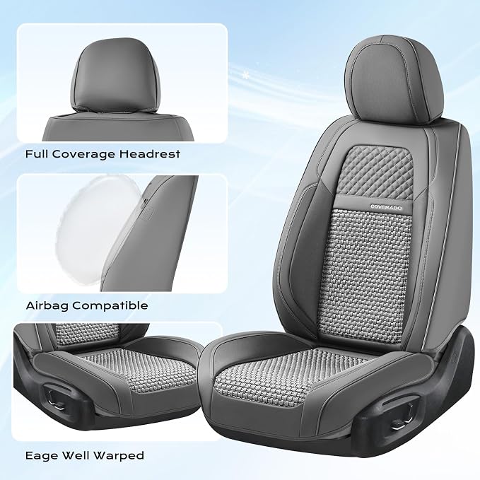 Coverado Car Seat Covers Front Seats, Waterproof Front Seat Covers Nappa Leather Seat Covers for Cars, Breathable Summer Car Seat Cushion Universal Fit for Most Cars SUV Trucks(Front, Gray)