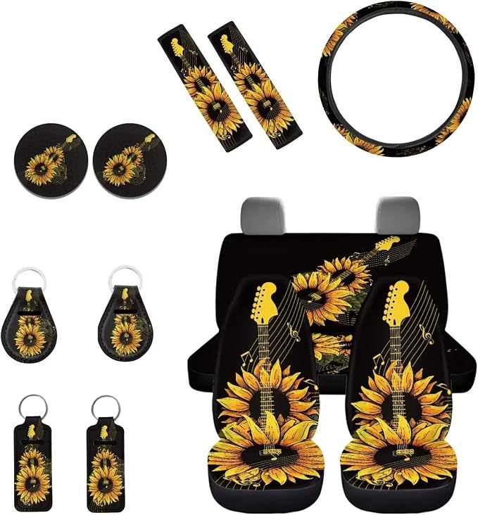 INSTANTARTS Sunflower Guitar Car Seat Cover Set - 13 Car Accessories Including Steering Wheel, Seat Belt, Coaster, Keychain, Lipstick Covers - Universal
