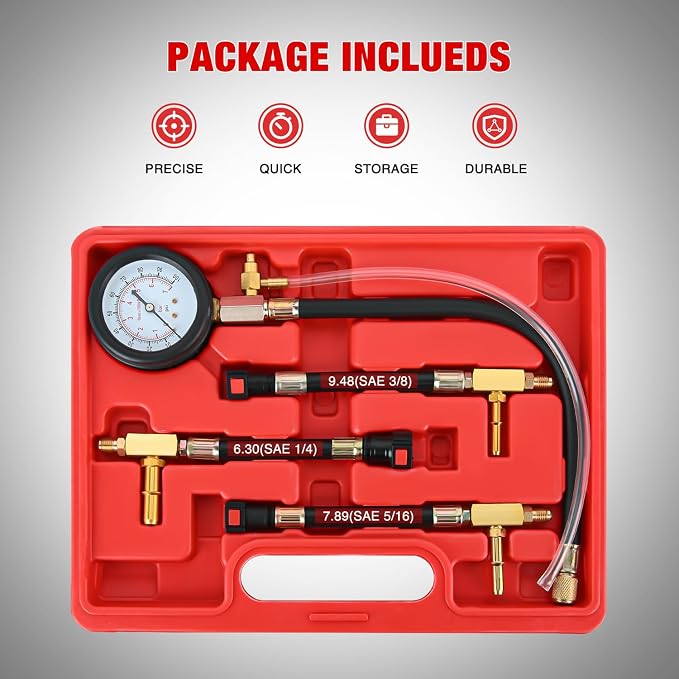 GOOACC Fuel Pressure Test Kit, Automotive Fuel Injection Pressure Gauge Tester 0-100PSI with 1/4 5/16 3/8 Quick Connect Adapters for Gasoline EFI Engines