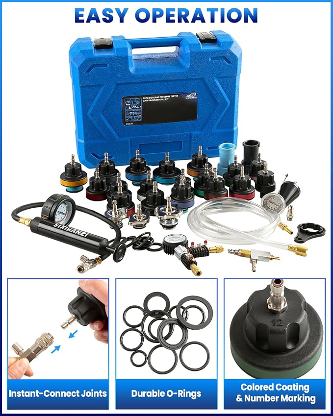 SIXIWANZI 31pc Coolant Pressure Tester and Vacuum Refill Kit with 24 Radiator Adapters, Universal Radiator Pressure Tester Kit for Automotive Cooling System Water Tank Leakage Detection