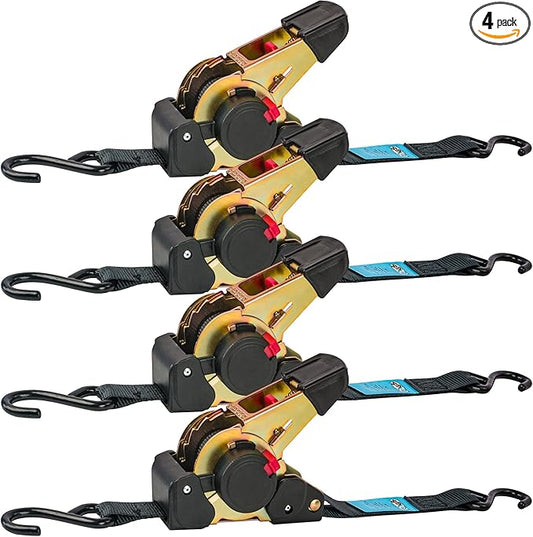 Retractable Ratchet Straps 4 Pack - 1" x 10' Each, Ratchet Straps Self Retractable 1500 lbs Break Strength. Weather Resistant Safety S-Hooks, Perfect for Boat, Securing Cargo, Any Hauling Job