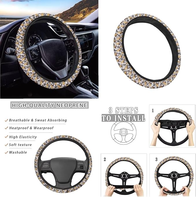 Cat Pattern Women’s 13 Pieces Car Accessories, 4 Pieces Auto Seat Covers with Elastic Backing, 1 Piece Steering Wheel Cover, 4 Safe Belt Pads, 4 Cup Coasters as Gift for Family Friend