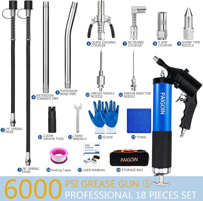 Pneumatic Grease Gun Kit 6000 PSI Heavy Duty 14 OZ Pistol Grip Grease Guns with 19" & 28" Spring Flex Hose,Quick Release Coupler,90 Degree Adapter,2 Needle Tips,2 Nozzles,2 Extension Tubes