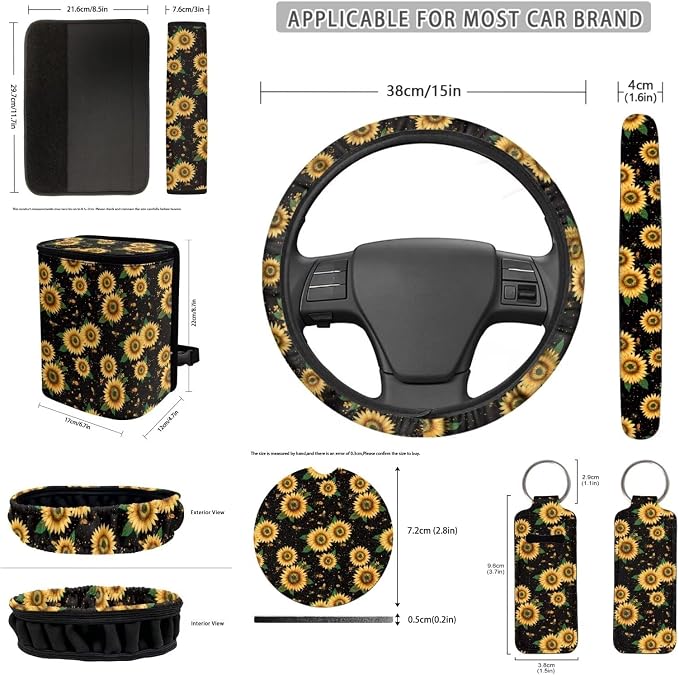 Sunflower Print Car Seat Covers Full Set with Steering Wheel Cover Car Seat Belt Cover Rear View Mirror Cover Car Trash Can Car Coasters Wristlet Keychain Keychains，Set 12 Pcs