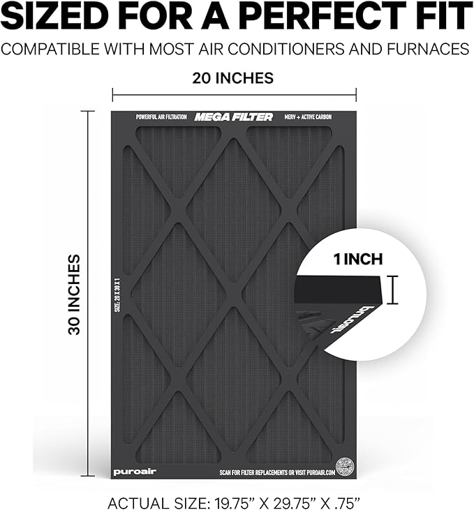 PuroAir MegaFilter - 20x30x1 Air Filter MERV 13 Activated CarbonTech Defense - Heavy Duty 3 Layer Furnace Filters Allergens, Pollen, Dust, Pet Dander, Smoke, Odors - HVAC Air Filter 20x30x1 (4-Pack)