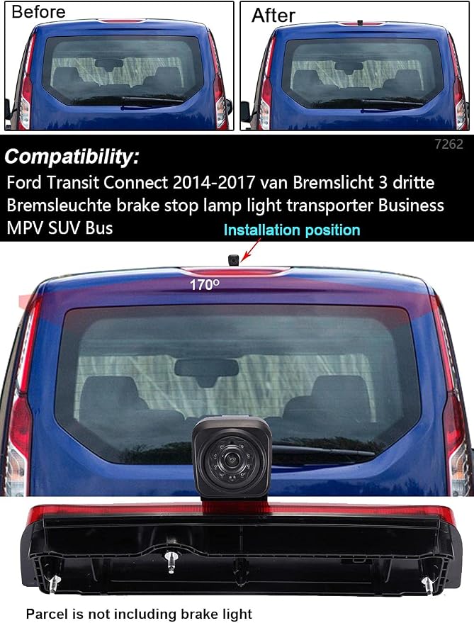 Third Brake Light Backup Camera Brake Lamp Rear View Reverse Camera+7" LCD Screen Monitor Compatible with Ford Transit Connect 2014-2017 Van Transporter Business MPV SUV