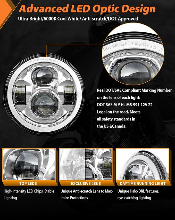 Z-OFFROAD Upgrade 7 Inch Motorcycle LED Headlight w/DRL White Halo DOT Kit Compatible with Harley Davidson Street Glide Road King Special Electra Glide Ultra Classic Fat Boy Heritage Softail - Chrome