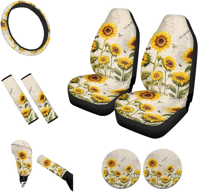 Tupalatus Auto Accessories Decor Set of 9 Car Seat Covers Hand Brake Cover,Gear Shift Knob Cover,Seat Belt Pads,Coaster,Steering Wheel Cover Universal Fit for Car Truck SUV, Sunflower Dragonfly Retro