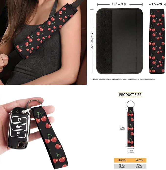 15 Pcs Cherry Car Seat Cover Full Set for Women with Car Steering Wheel Cover Seat Belt Cover Trash Bin Front Rear View Mirror Car Cup Holder Keychain