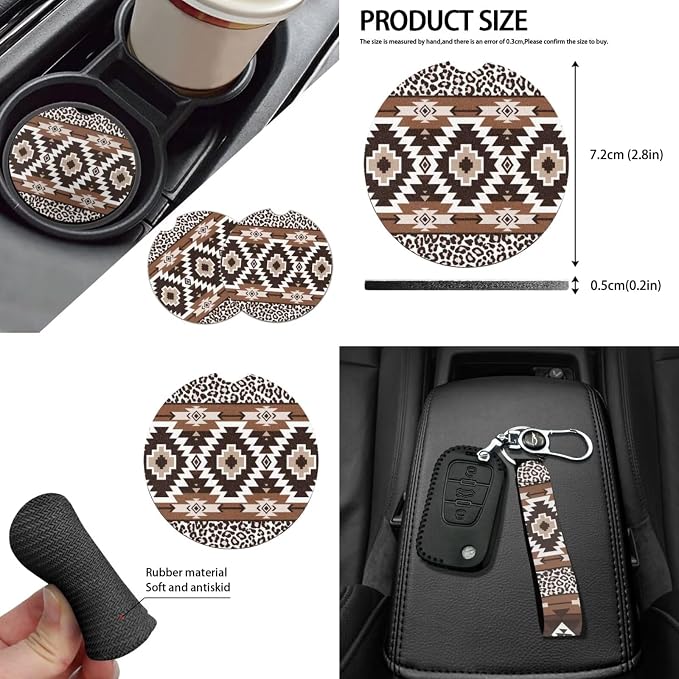 Leopard Tribal Aztec Seat Covers Front Back Seats Full Set Car Protection Accessory,Comfy Elastic Front Rear Bench Seat Covers for Most Vehicle,Steering Wheel Cover,Keys,Coaster,Mirror Covers