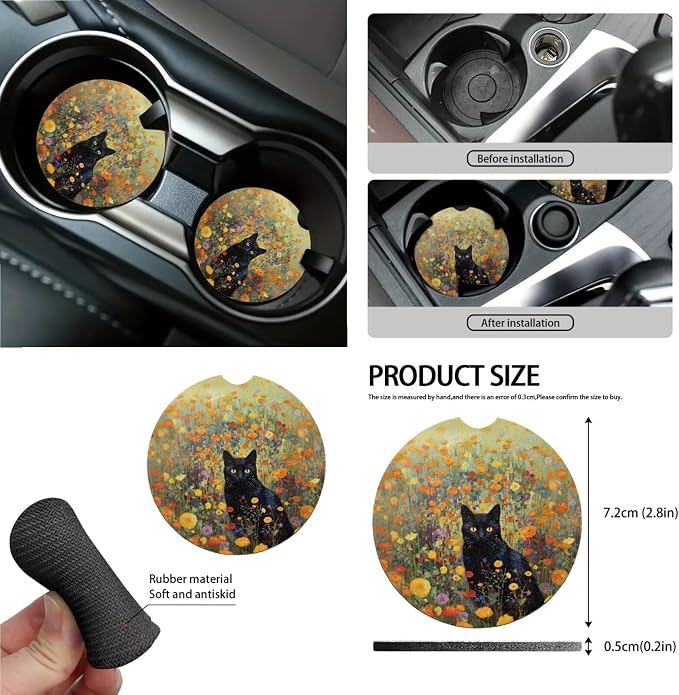 Cat Flower Print Car Interior Accessories Pack of 13, Car Seat Covers Full Set with Anti Slip Backing + Steering Wheel Cover + Seat Belt Pads + Coasters Interior Covers for SUV Truck Van