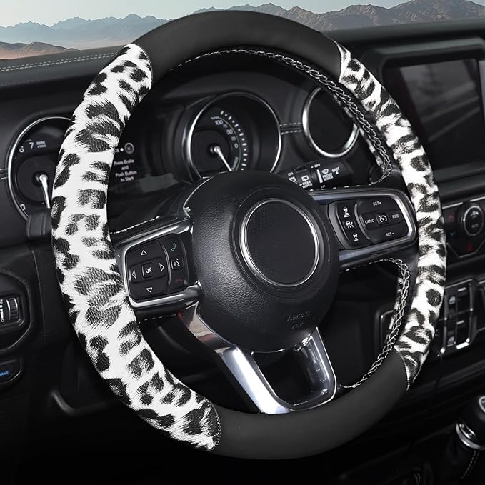 White Leopard Steering Wheel Cover, Universal 14.5-15 inch Breathable Microfiber Leather Anti-Slip Car Steering Wheel Protector for Women Men,Fit for Most Car, Trucks, SUV