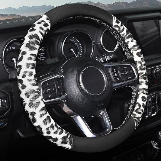 White Leopard Steering Wheel Cover, Universal 14.5-15 inch Breathable Microfiber Leather Anti-Slip Car Steering Wheel Protector for Women Men,Fit for Most Car, Trucks, SUV