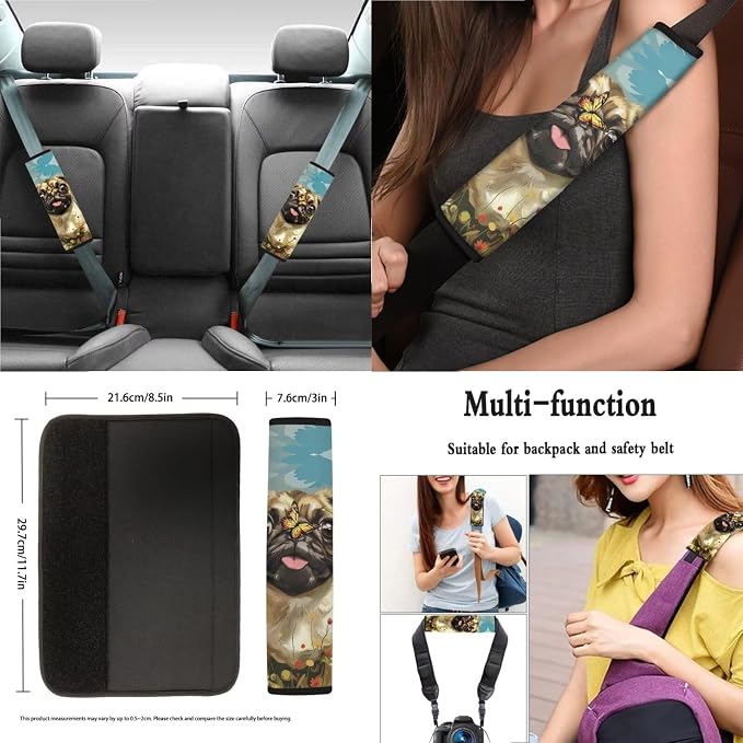 Pug Dog Butterfly Daisy Print Car Accessories Pack of 13, 4 Pieces Auto Front and Back Seat Covers + 4 Pieces Seat Belt Cover Pad + 1 Piece Steering Wheel Cover + 4 Pieces Cup Coasters